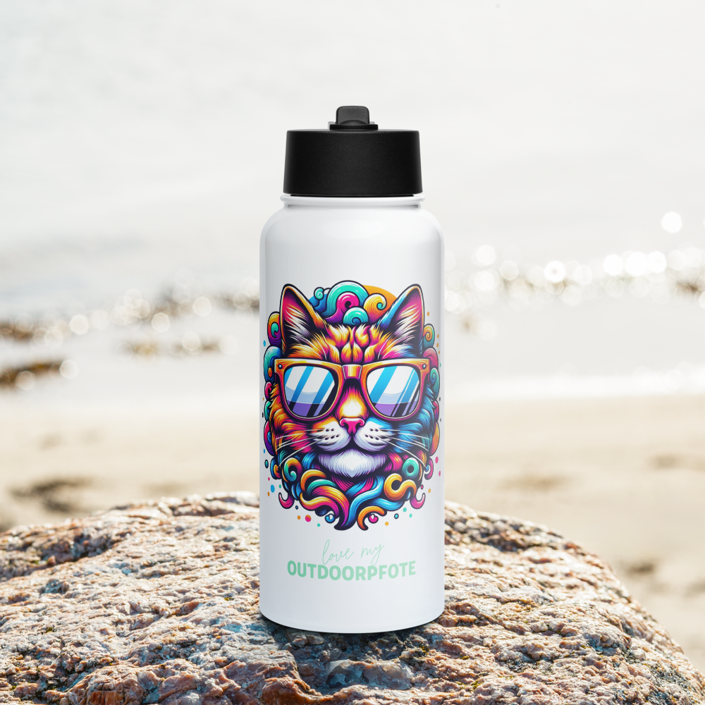 Cool Cat - Edelstahl-Wasserflasche mit Strohhalmdeckel *