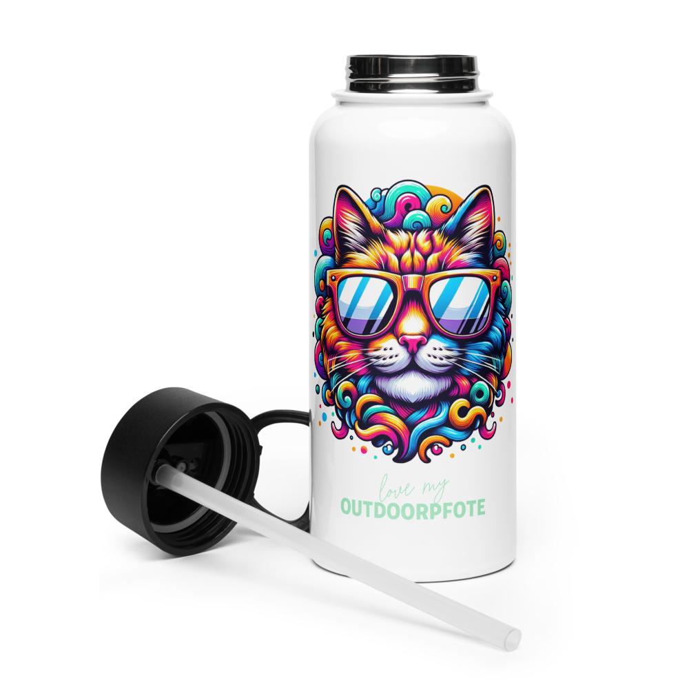 Cool Cat - Edelstahl-Wasserflasche mit Strohhalmdeckel *